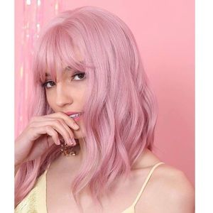 Pink Wavy Bob Wig With Bangs